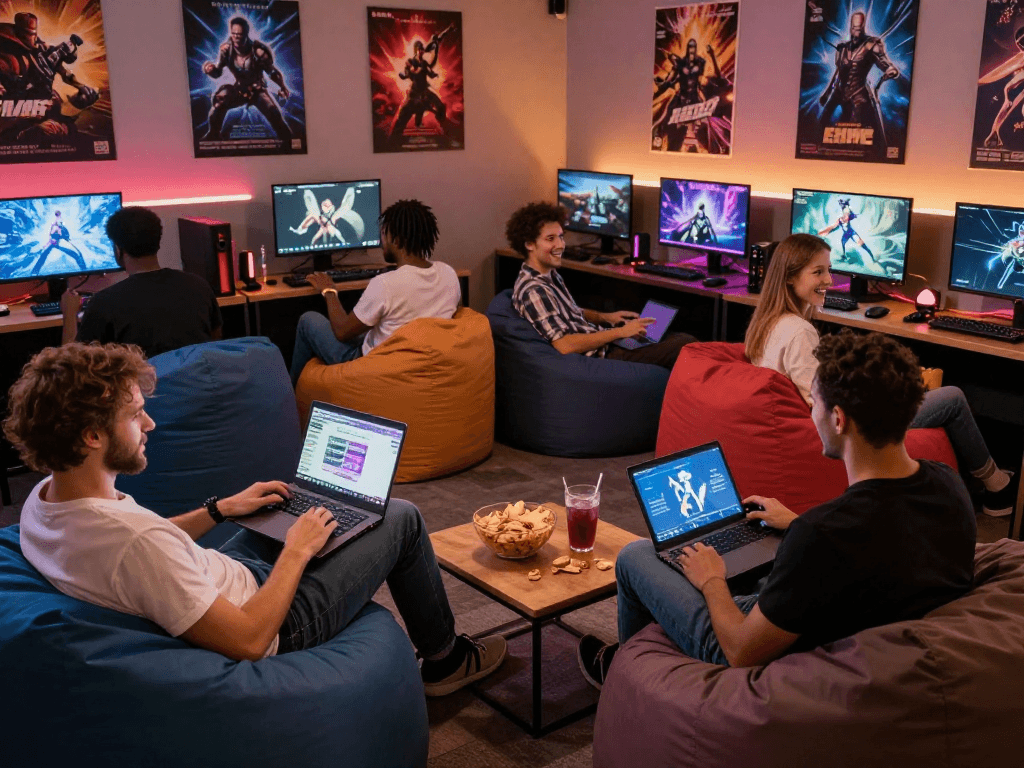 Group of adults playing interactive sex games in a cozy gaming lounge.
