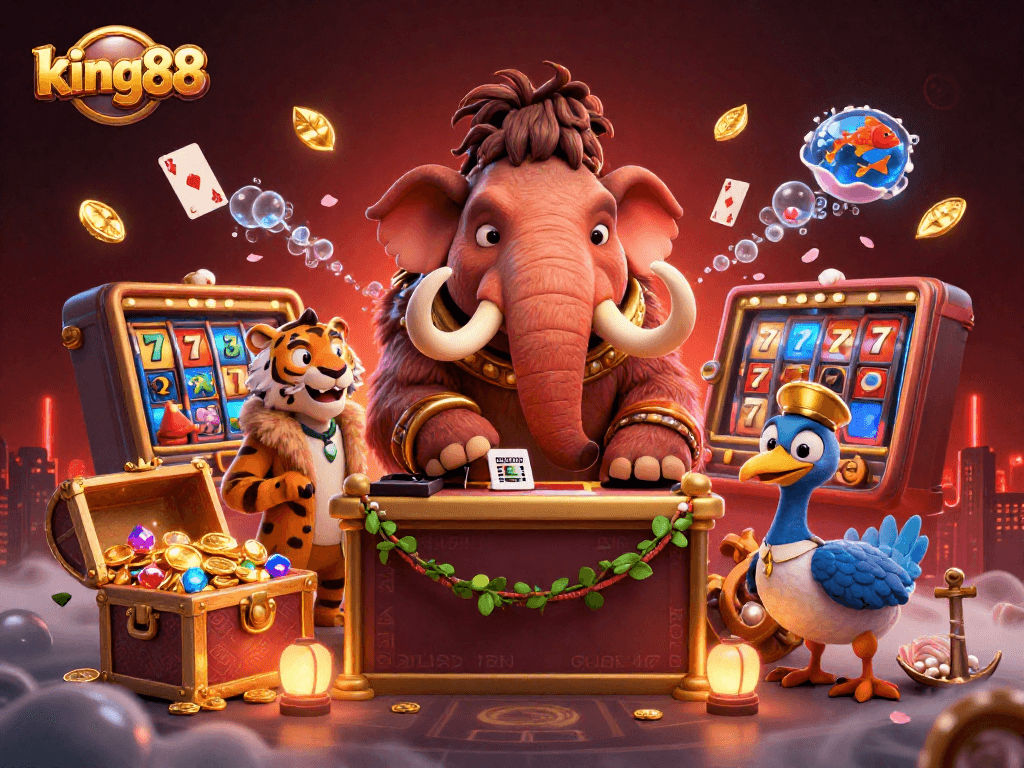 Experience king88's vibrant gaming world with a mammoth bouncer, saber-tooth guest, and dodo doorman.
