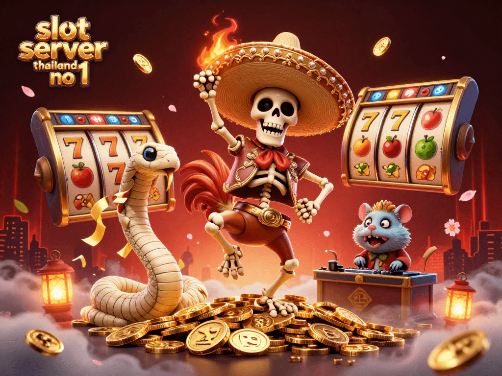 Experience the thrill of the slot server thailand no 1 with dynamic characters dancing amidst spinning slot reels and golden coins.