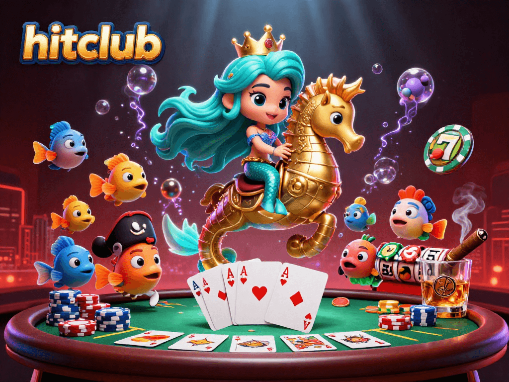 hitclub promotional scene featuring a mermaid princess, giant seahorse, poker elements, and vibrant gameplay.