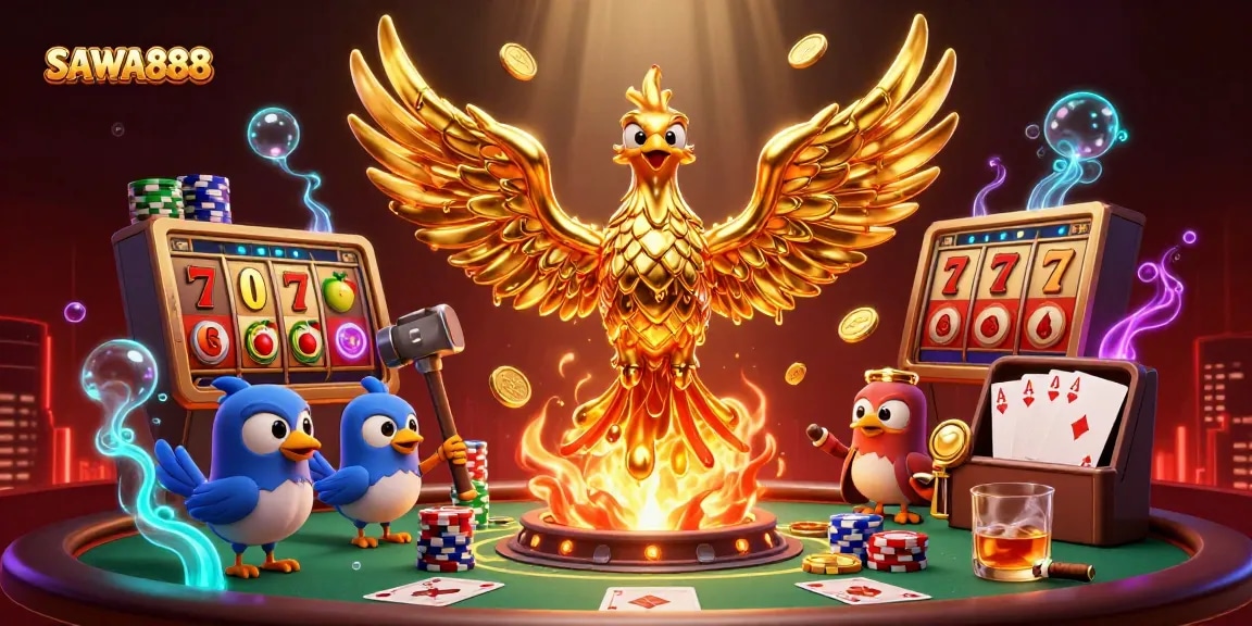 Experience SAWA888's dynamic gaming world with vibrant slot reels and a golden phoenix