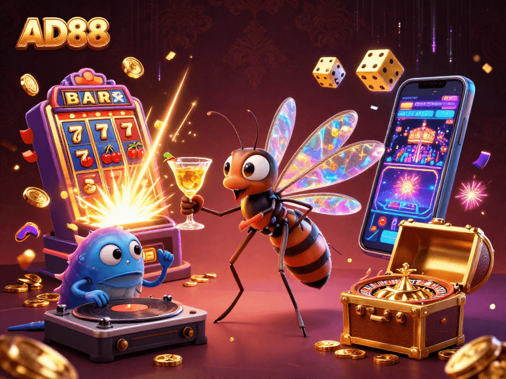Experience thrilling gameplay at AD88 with exciting casino mascots and vibrant gaming elements.