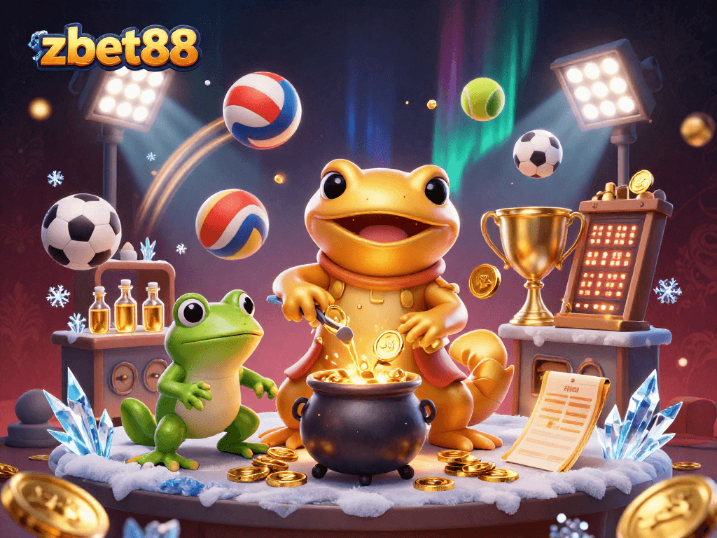 Join zbet88's vibrant gaming scene, featuring a gilded alchemist with gold coins and sports elements.