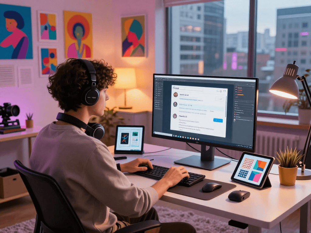 Engaging with nsfw ai chat in a vibrant digital art studio filled with creativity and technology.