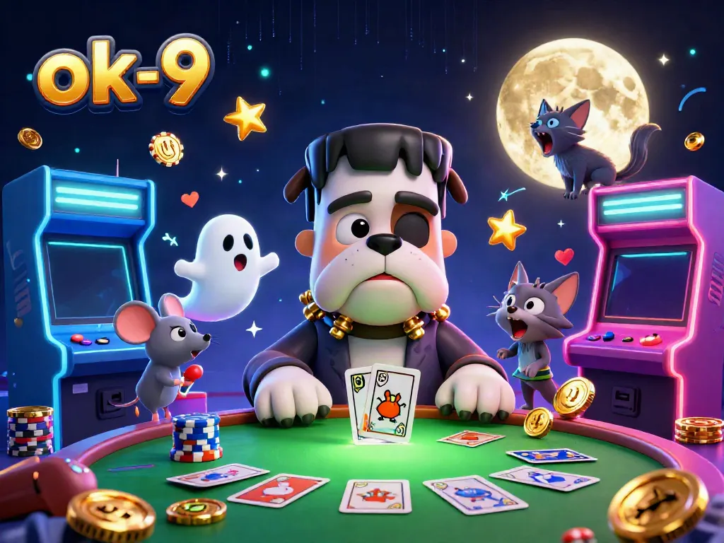 Play cards with ok-9's ghostly atmosphere, featuring a Frankenstein bulldog and a werewolf kitten in a casino.