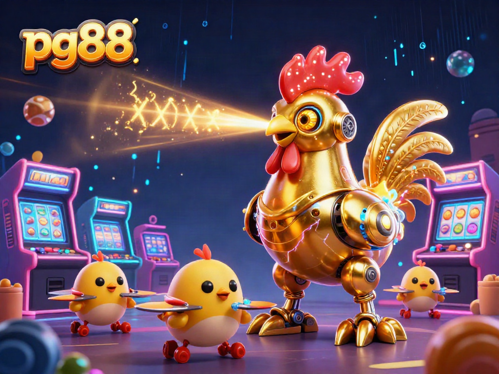 Experience exciting gaming action with pg88 featuring a golden rooster robot and vibrant casino elements