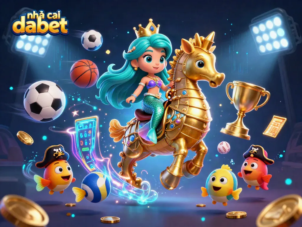 Win big with nhà cái dabet as the 3D mermaid princess rides a golden seahorse in this casino illustration.