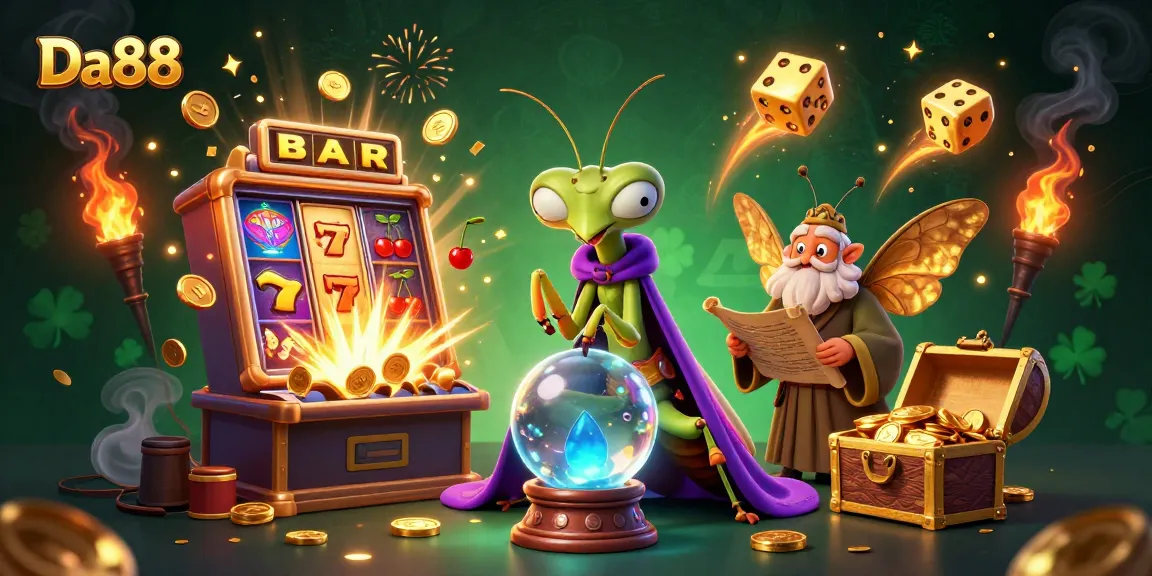 Experience the magic of Da88 with a dynamic 3D casino scene featuring a fortune teller and slot machine.