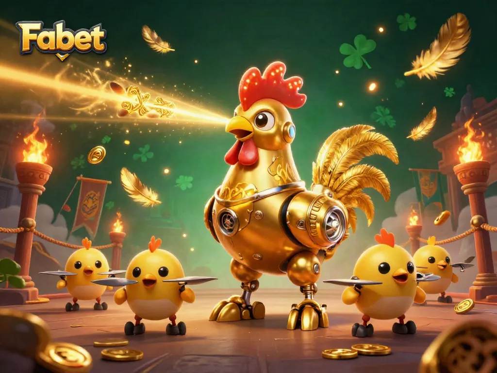 Fabet showcases an exciting betting atmosphere with a golden rooster robot and baby chick drones amidst a dynamic gambling scene.