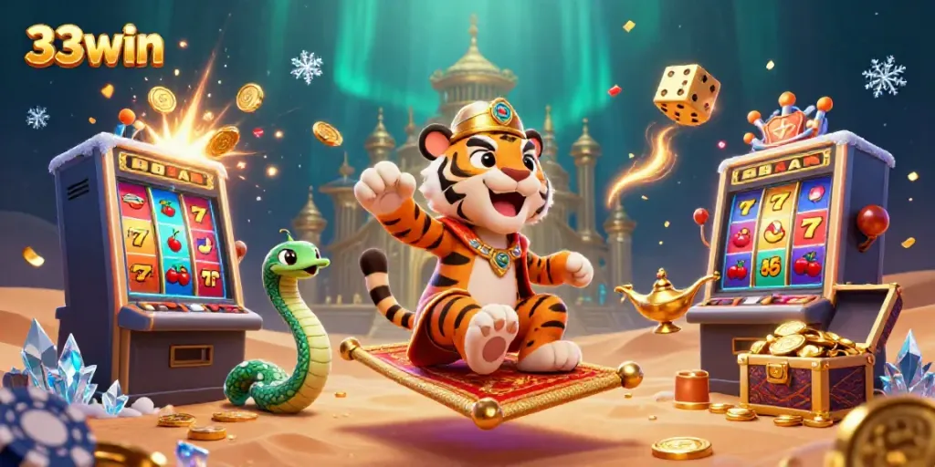 Engage with 33win's thrilling atmosphere featuring a tiger sultan on a jackpot-filled casino adventure.