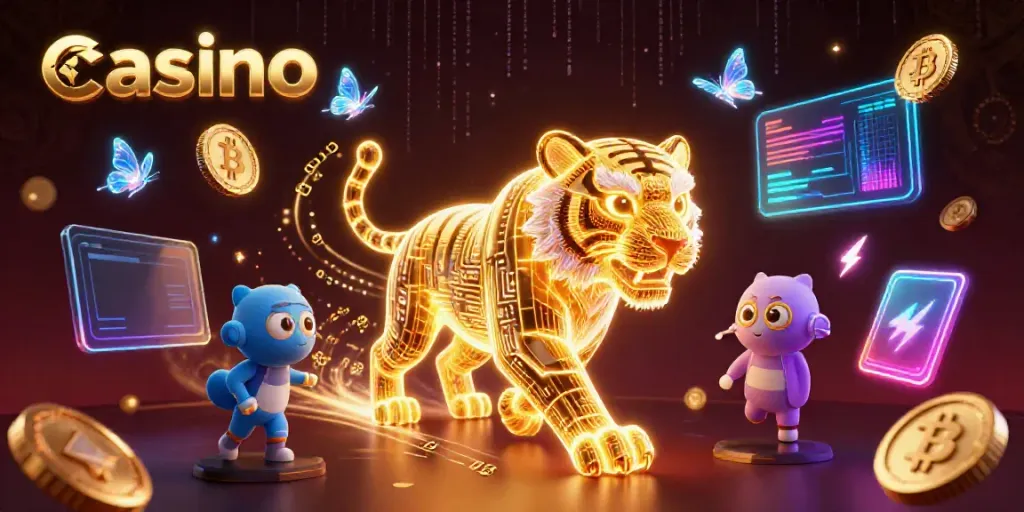 Experience the vibrant energy of a casino through a dynamic 3D illustration featuring a neon tiger and digital landscape.