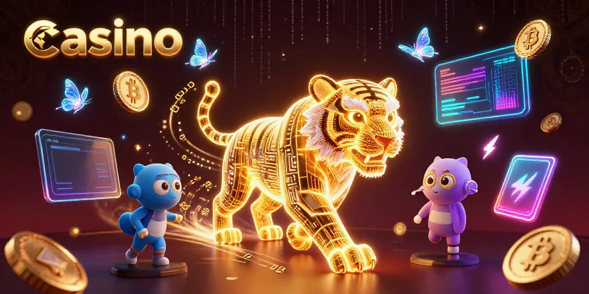 Experience the vibrant energy of a casino through a dynamic 3D illustration featuring a neon tiger and digital landscape.