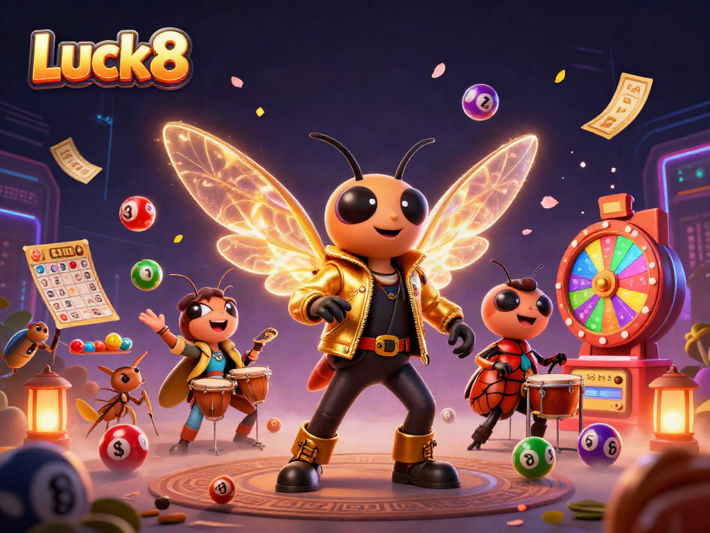 Luck8 brings excitement with a buzzing rock star cicada, dynamic game elements, and vibrant gaming action.