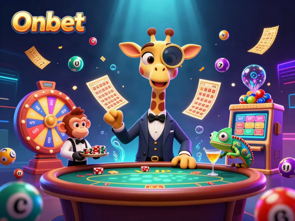 Onbet showcases a vibrant 3D casino scene with a high-roller giraffe, monkey valet, and chameleon bartender.