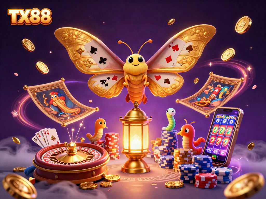 Experience the excitement of TX88 with vibrant casino elements and a dazzling moth character.
