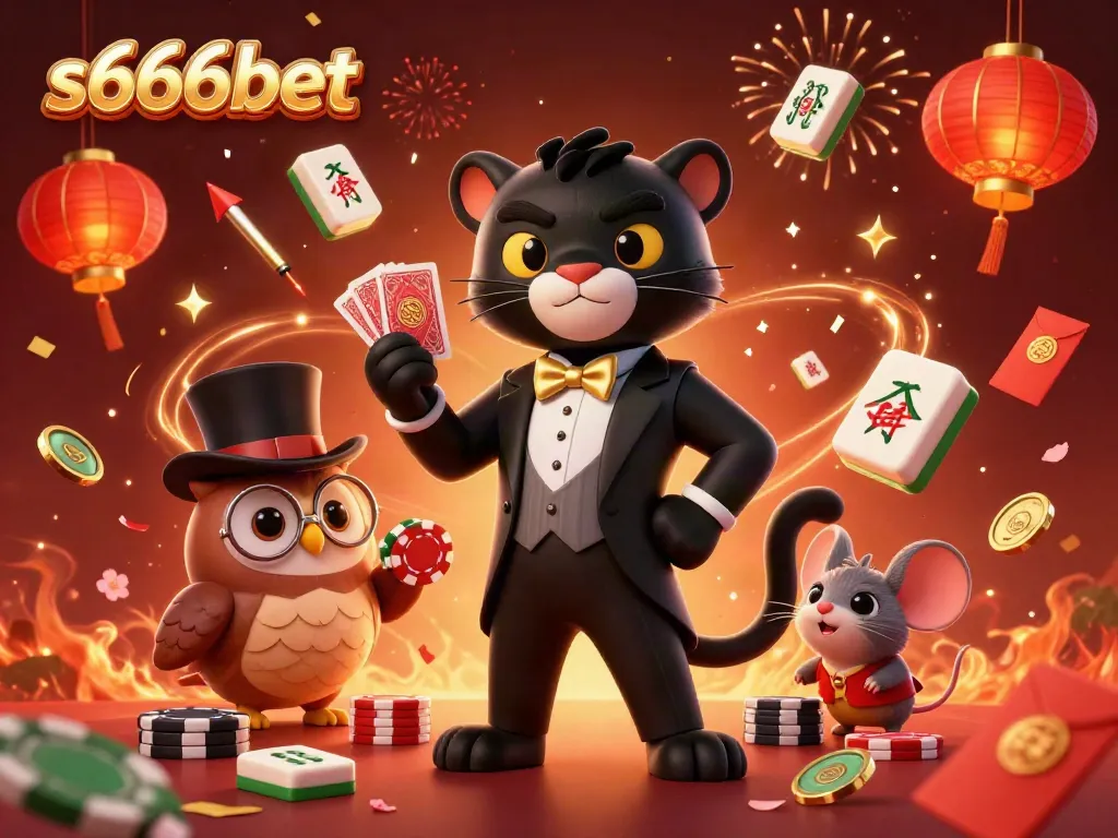 Engage with S666bet’s vibrant casino entertainment featuring a stylish panther, owl, and lucky mouse.