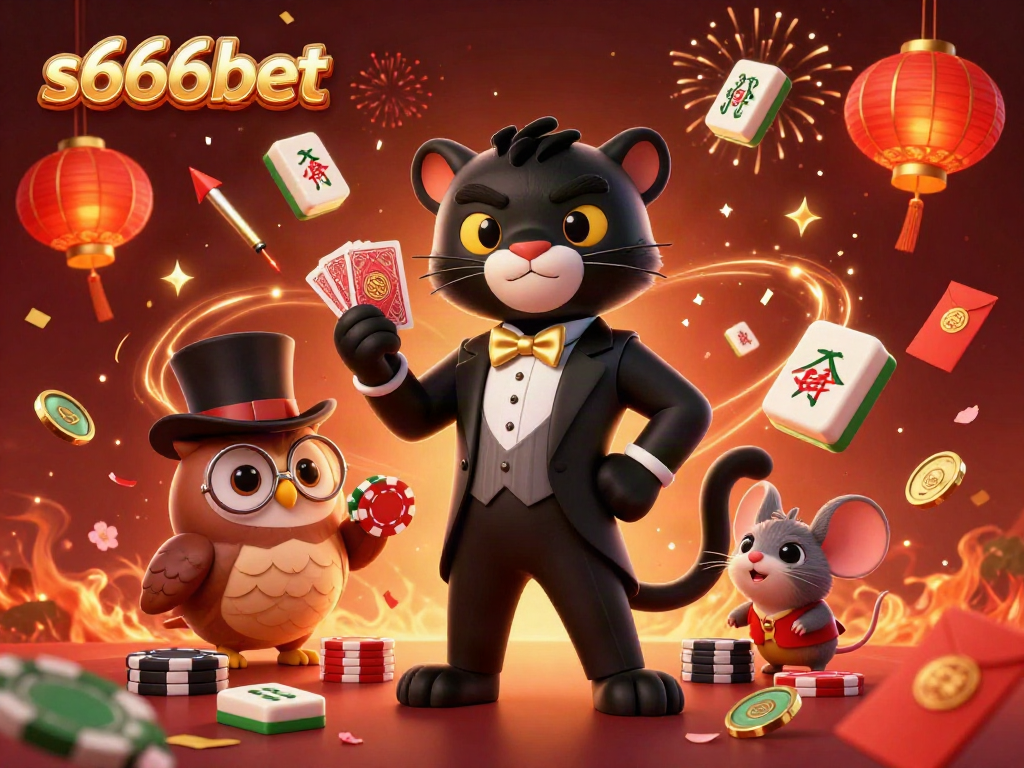 Engage with S666bet’s vibrant casino entertainment featuring a stylish panther, owl, and lucky mouse.