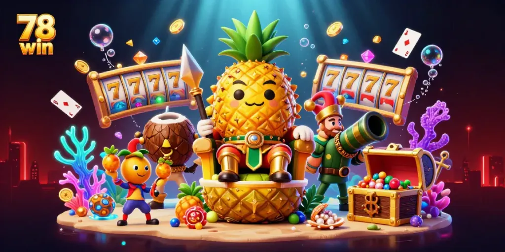 Experience the tropical vibe of 78 win at a beach casino with vibrant characters and dynamic gameplay elements.