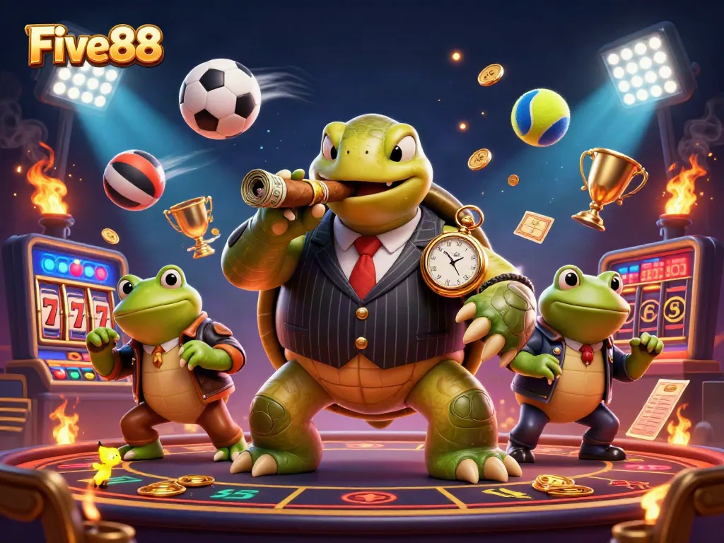 Join Five88's thrilling gaming world with a dynamic scene featuring themed characters and casino elements.