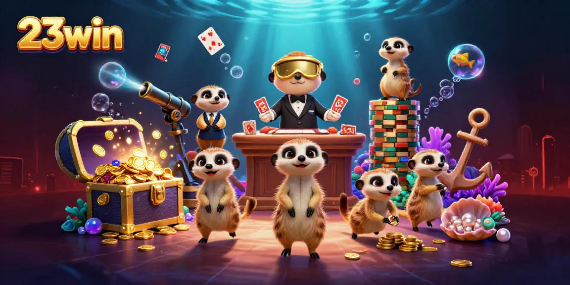 Engaging scene of meerkats managing a vibrant 23win casino, showcasing games and excitement.