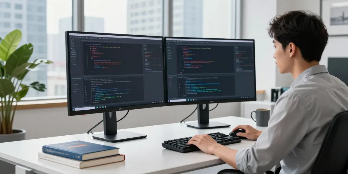 Workspace showcasing instant indexing software development with dual monitors and coding elements.