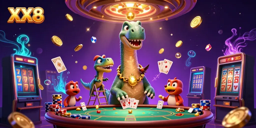 Experience the excitement of XX8 with a cartoon brontosaurus and raptor dealer in a bustling casino scene.