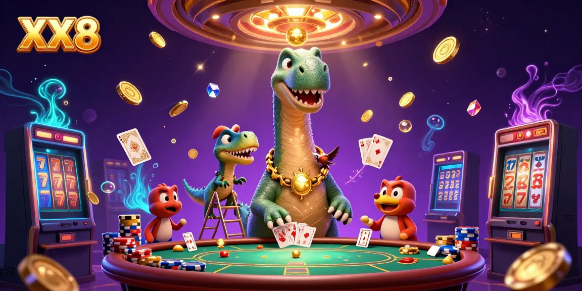 Experience the excitement of XX8 with a cartoon brontosaurus and raptor dealer in a bustling casino scene.