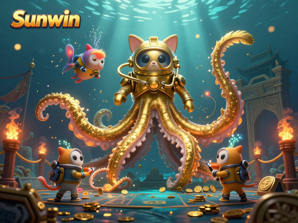 Engage with Sunwin's vibrant gaming world, featuring a colossal kraken and a diving cat amidst golden treasures.