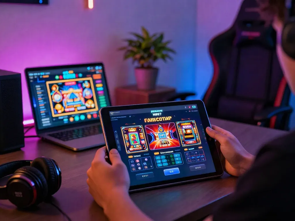 Player installing Tảinbet app in a colorful gaming setup with modern tech.