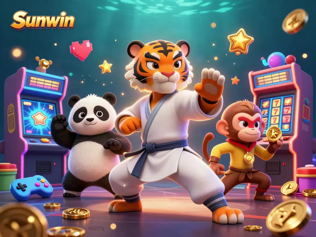 Engage with Sunwin's exciting gaming experience featuring charming characters and vibrant slot elements.