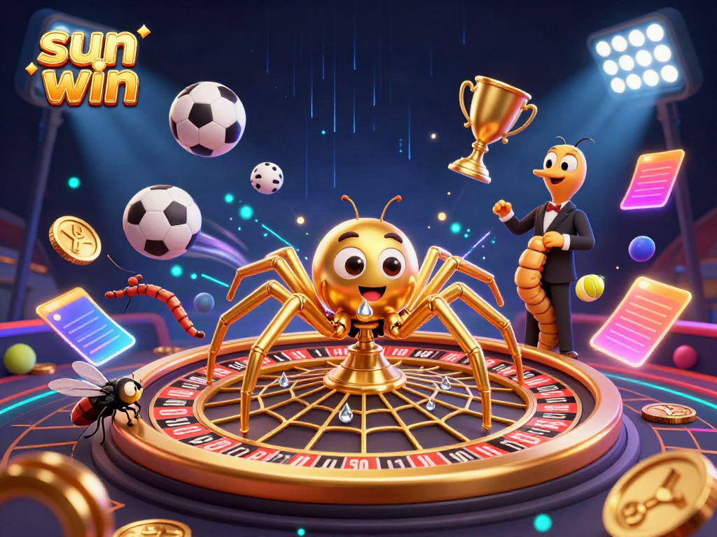 Experience the excitement of gaming at Sun Win with a vibrant casino scene, featuring a golden web and animated characters.