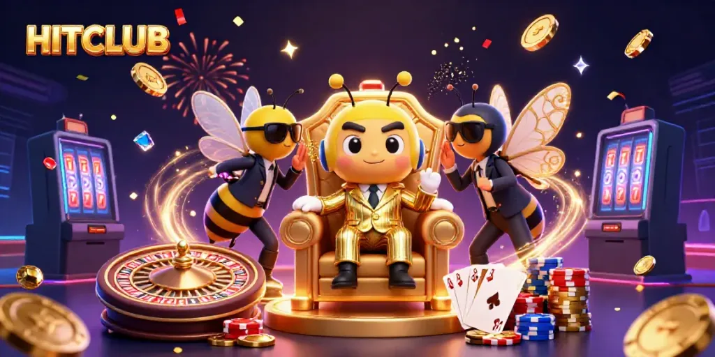 HITCLUB showcases an extravagant 3D casino scene with a bumblebee mob boss amid glittering games.