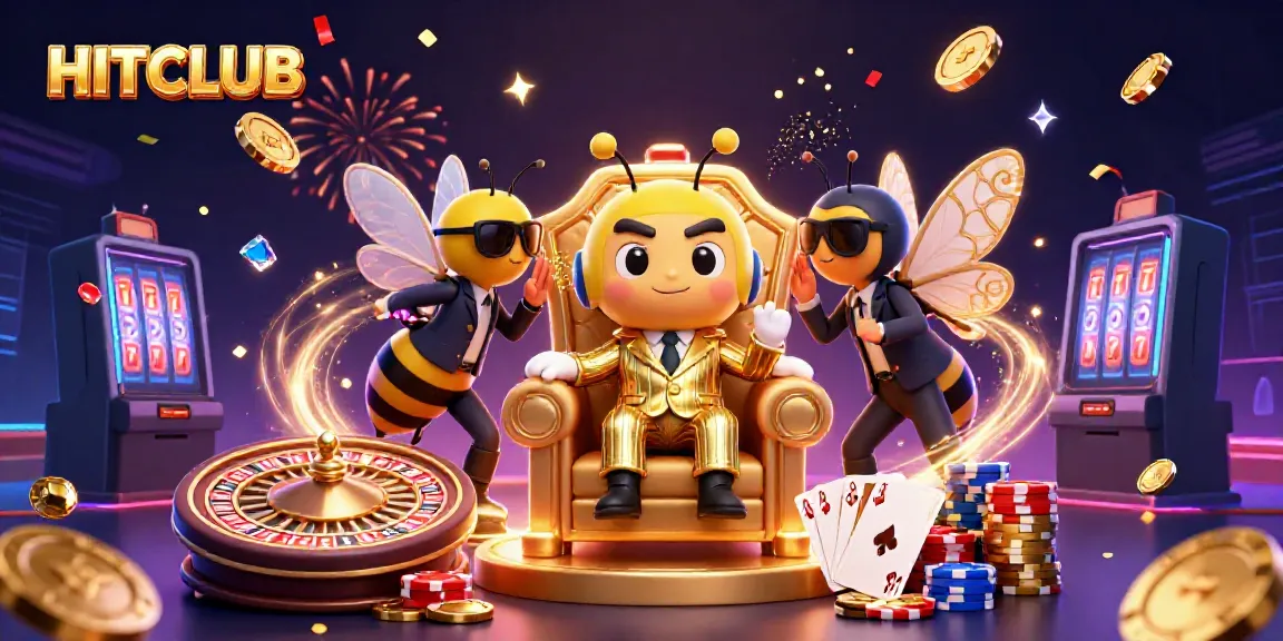 HITCLUB showcases an extravagant 3D casino scene with a bumblebee mob boss amid glittering games.