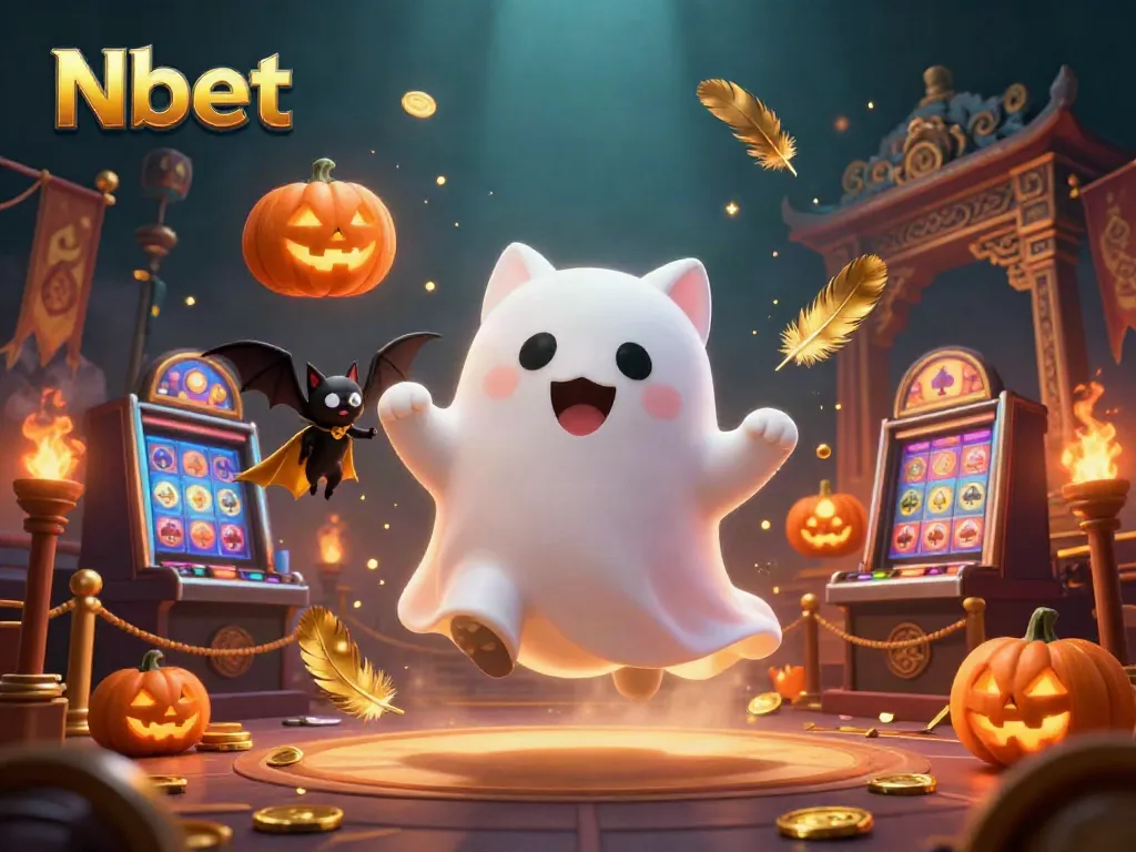 Nbet ghost cat navigating a bustling casino scene filled with vibrant elements and atmospheric effects.