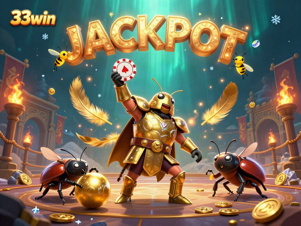 33win represents victory with a cartoon beetle lifting a poker chip amidst a dynamic casino scene.