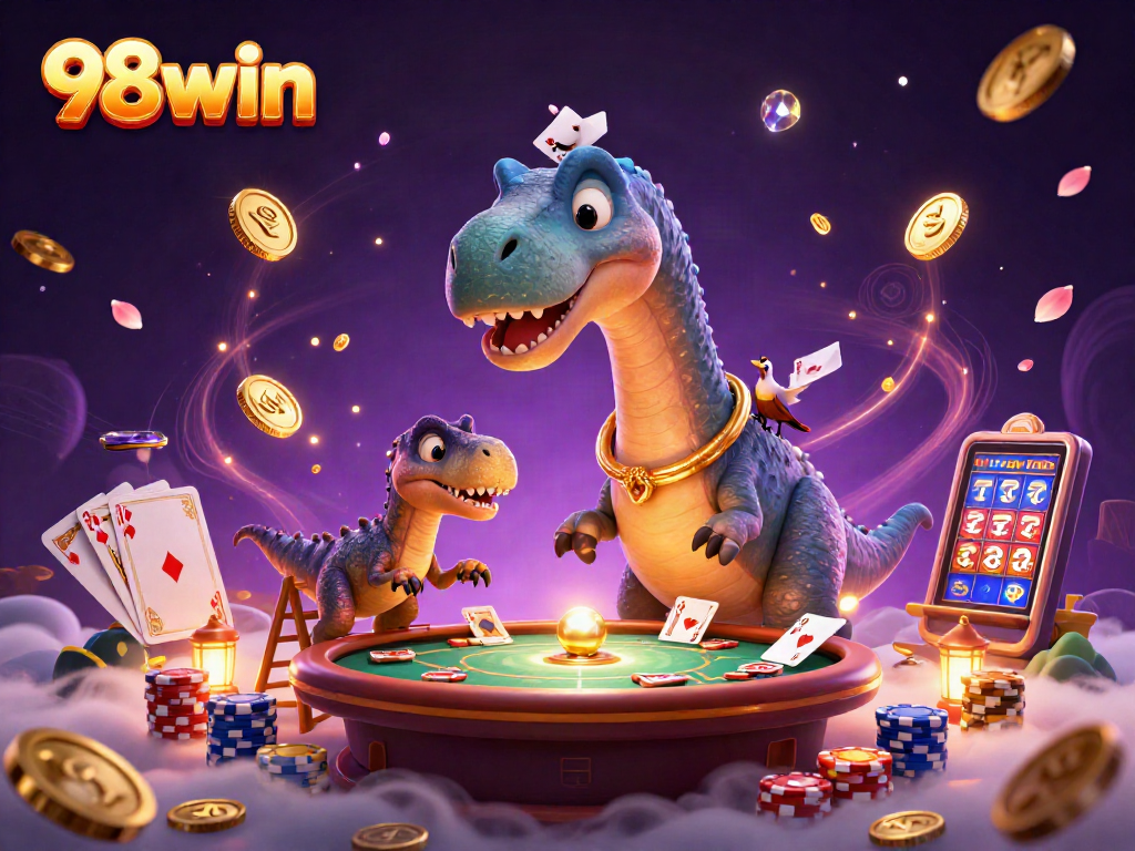 Experience the excitement at 98win with vibrant casino elements and dynamic characters.