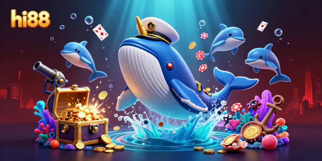 Experience thrilling adventures at hi88, featuring a vibrant underwater scene with a captain whale and playful dolphins.
