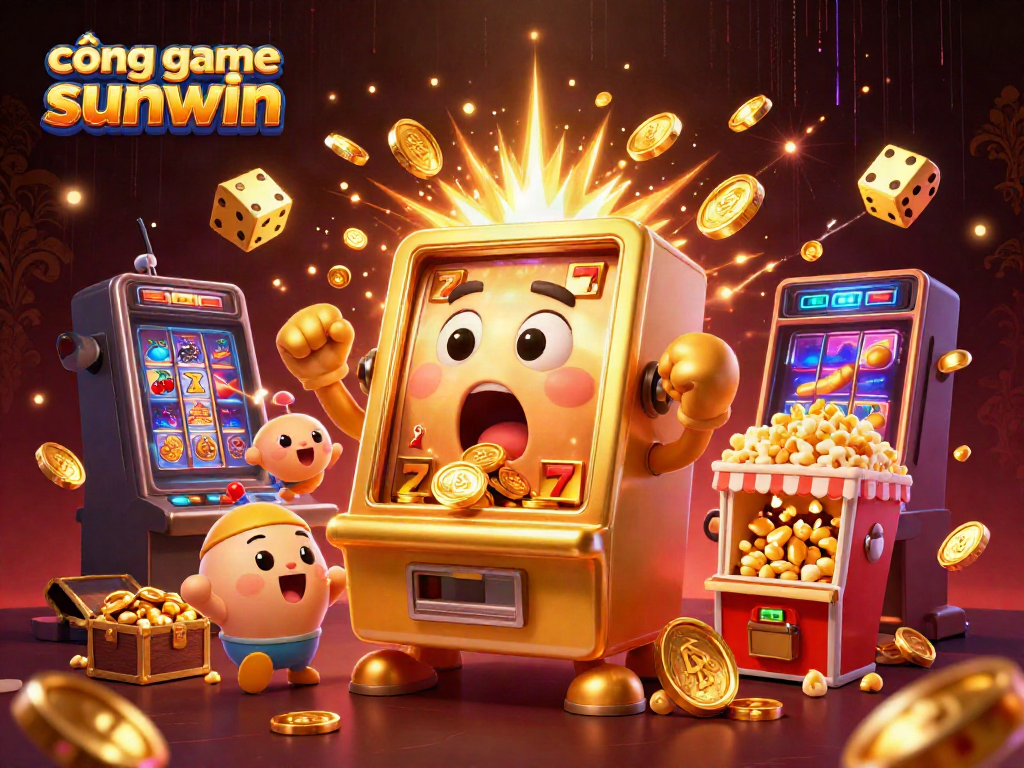 Experience excitement with cổng game sunwin as the golden slot machine hits a jackpot, coins pouring out.