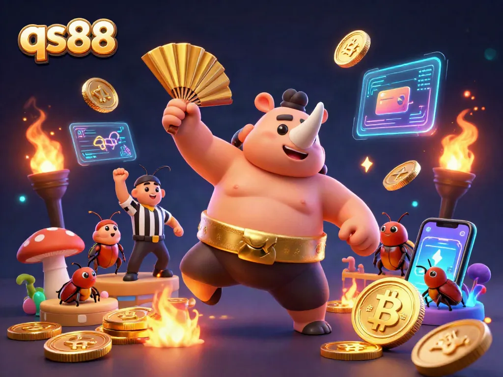 Experience the excitement of qs88 with a vibrant 3D casino scene featuring animated beetles amidst flying gold coins.