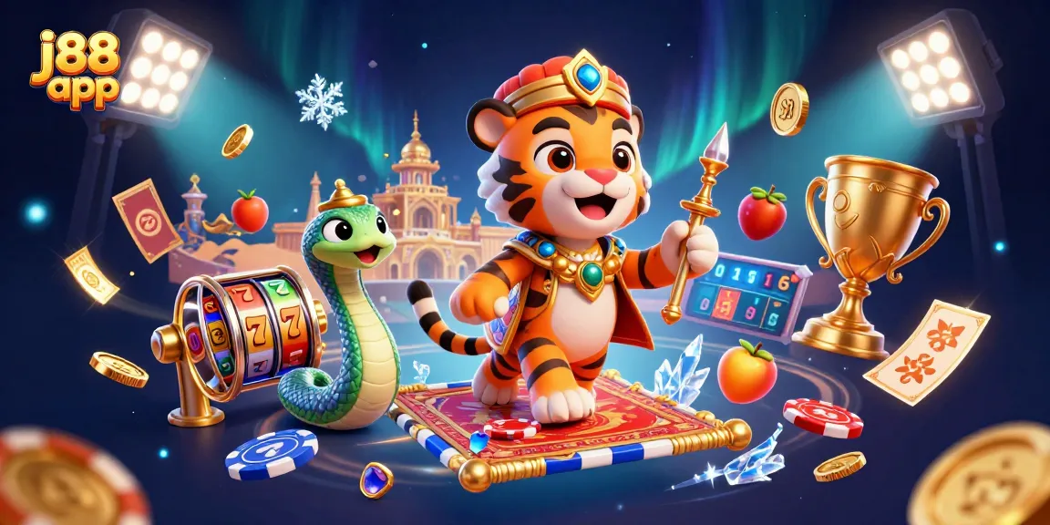 Engage with the exciting j88 app through a vibrant casino scene featuring a magical tiger sultan and dynamic elements.