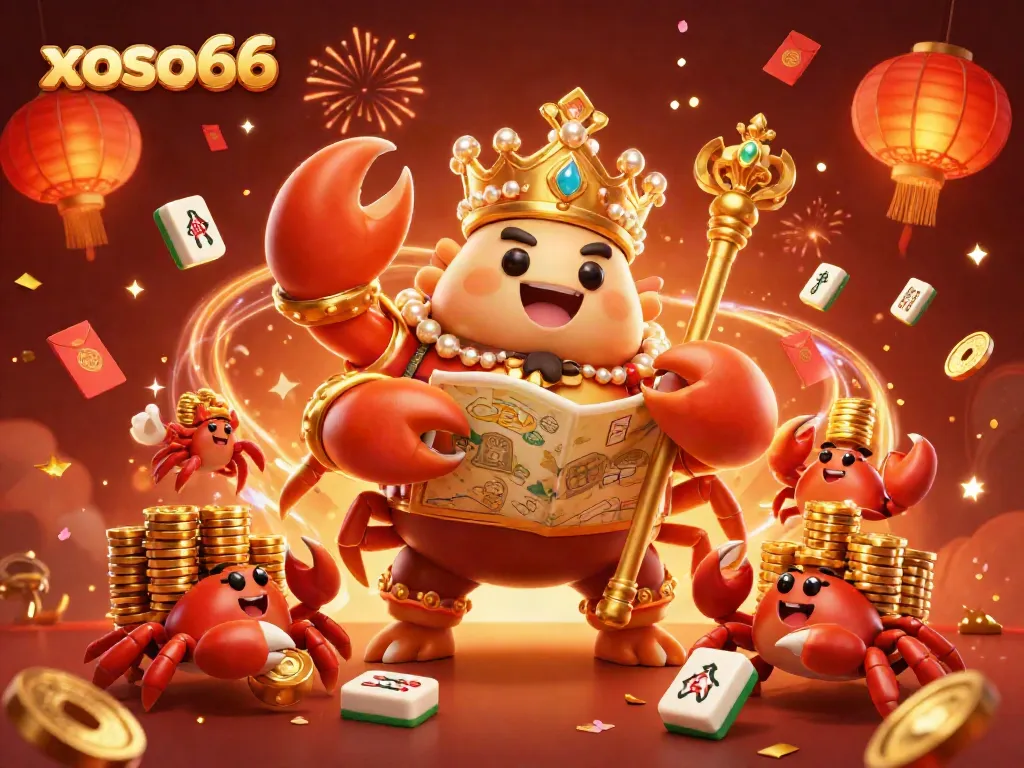 Experience exciting games at xoso66 with a golden crab emperor guiding fortune in a vibrant casino scene.