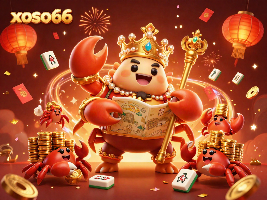 Experience exciting games at xoso66 with a golden crab emperor guiding fortune in a vibrant casino scene.