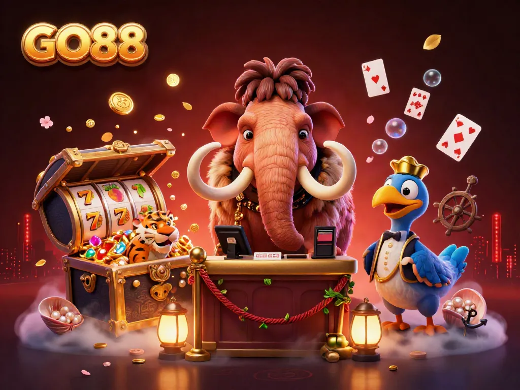 Watch the vibrant GO88 casino scene come alive with cartoon characters and exciting game elements!
