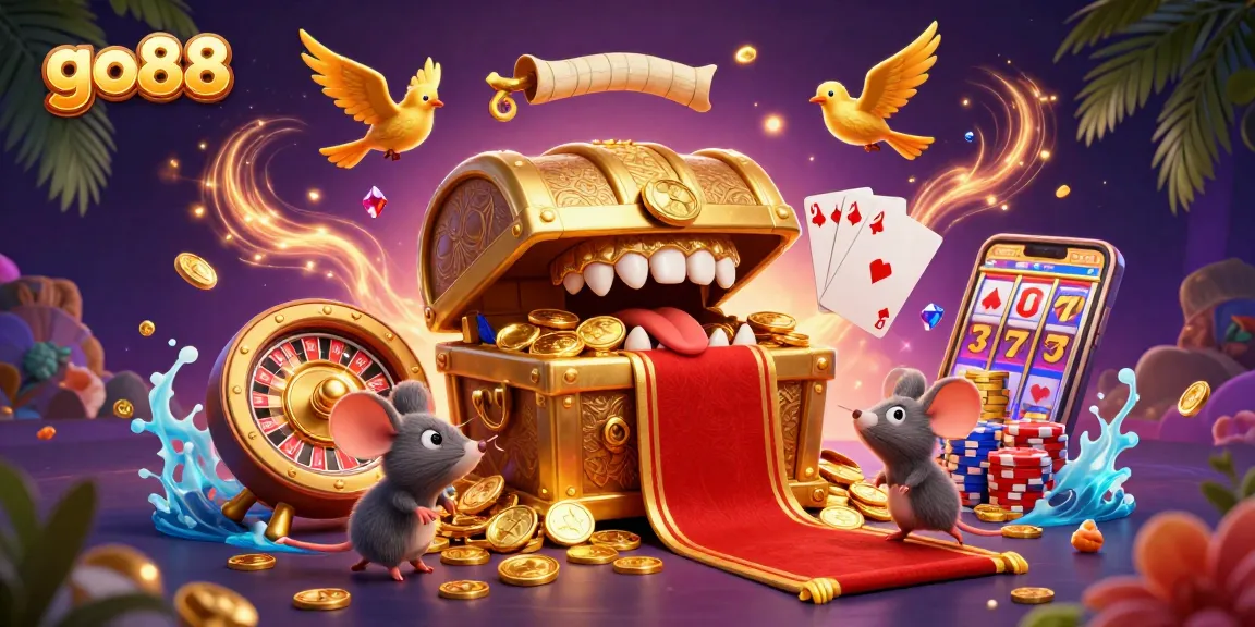 Engage with go88's vibrant casino scene featuring golden treasures and lively game elements.