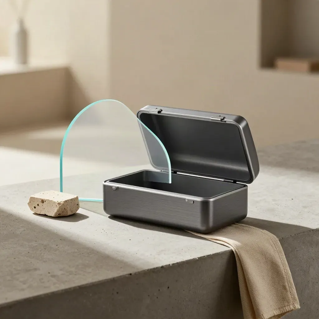 Graphite starter bundle case with acrylic arc, limestone and linen on concrete ledge