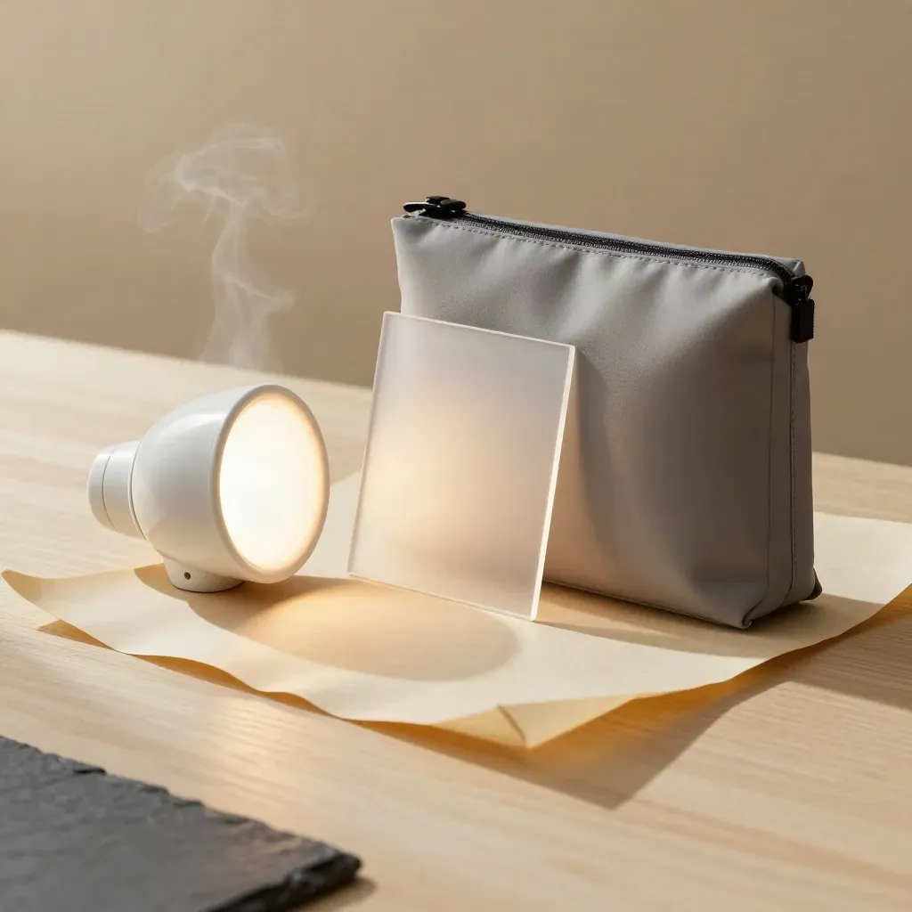 Light relight studio pack beside reflector, frosted pane and parchment screen on pale wood