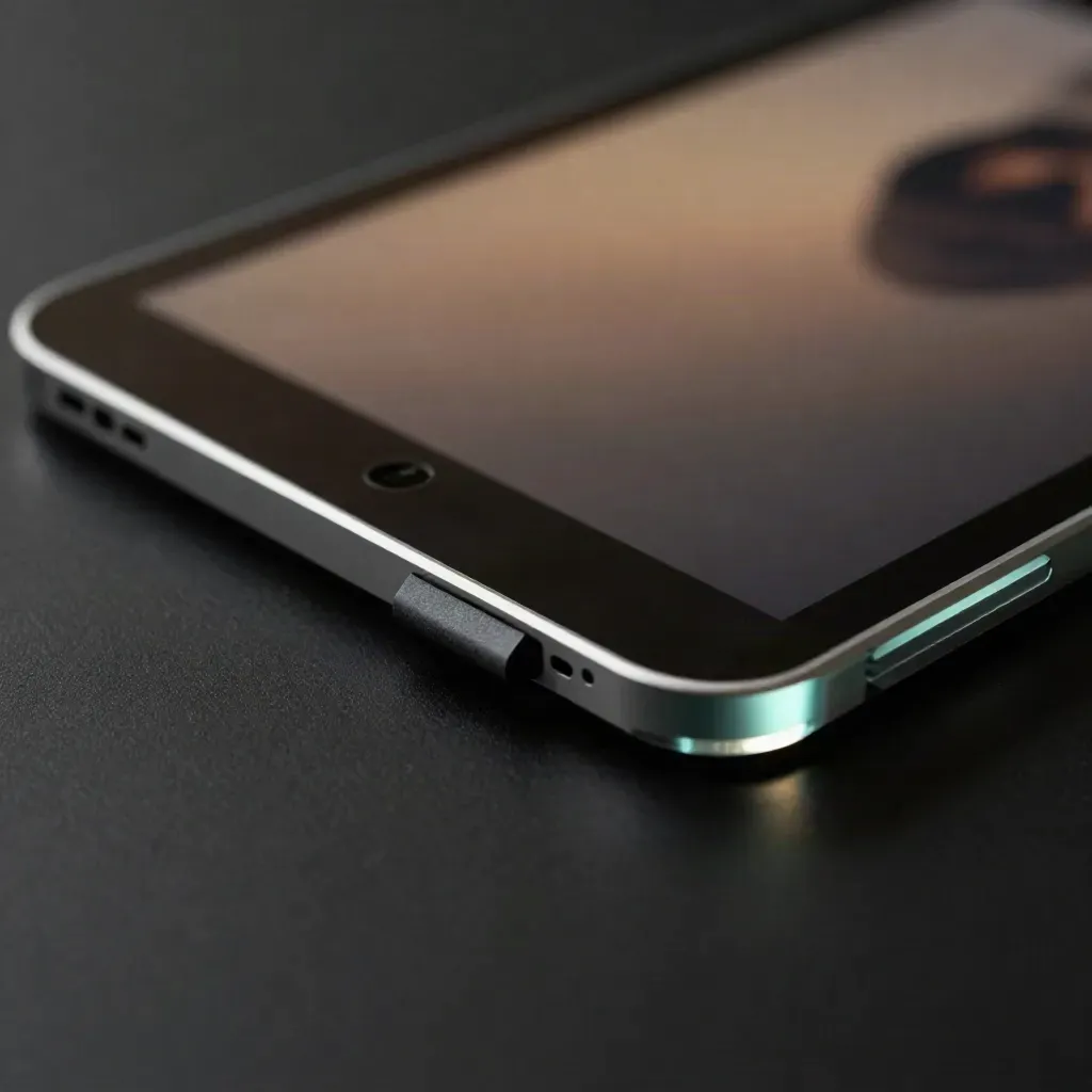 Glassy crop tool over a tablet fragment on a dark studio surface with cyan edge light.