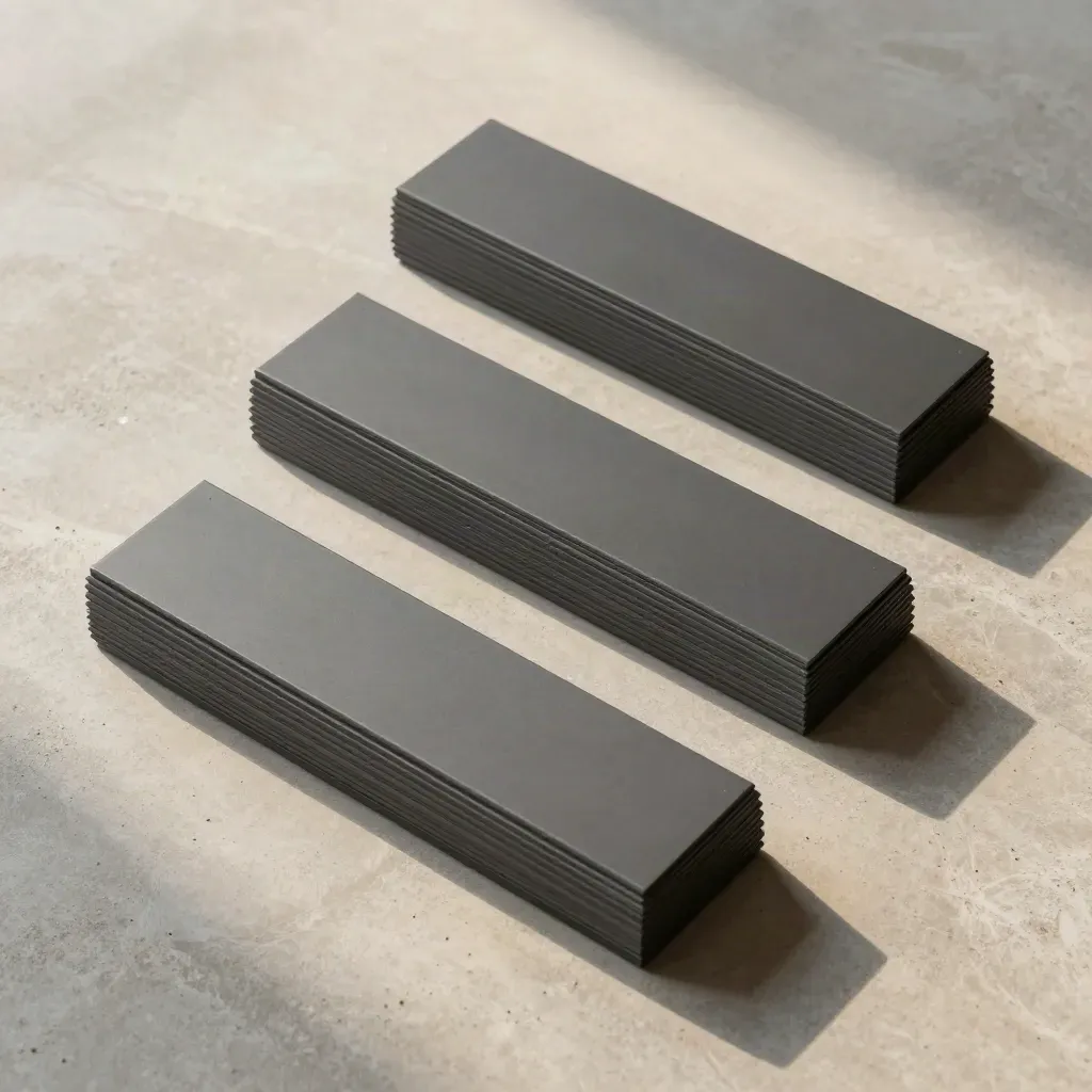 Three matte graphite module blocks with slate spacers in a precise diagonal flatlay on concrete.