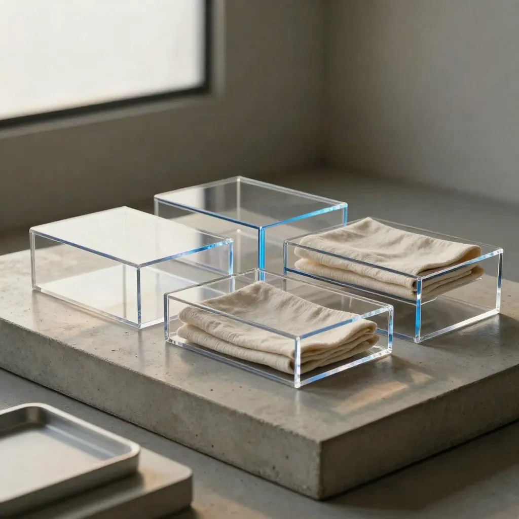 Four clear tray cases and a folded cloth on concrete, lit softly in a diagonal product scene.