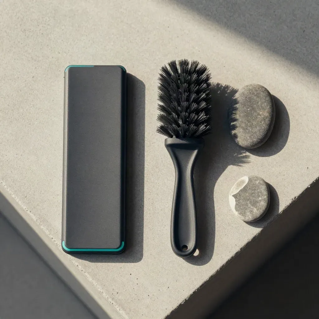 Graphite cleanup module with brush, pebble and stone chip on pale concrete